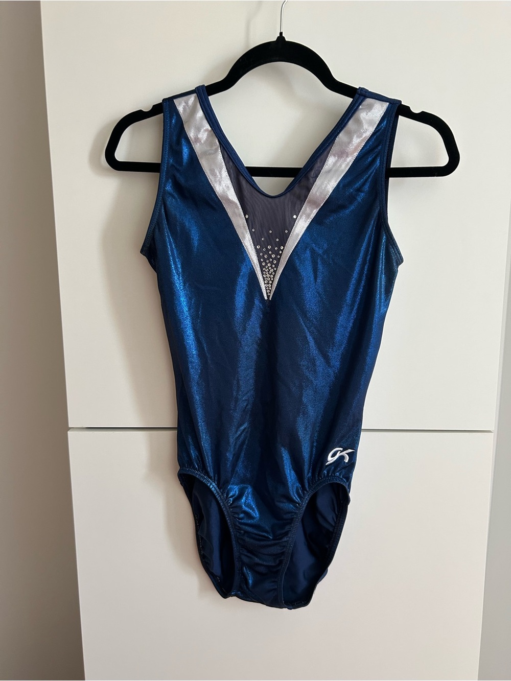GK Navy Blue Metallic Gymnastics Leotard with Silver and Rhinestone Accents
